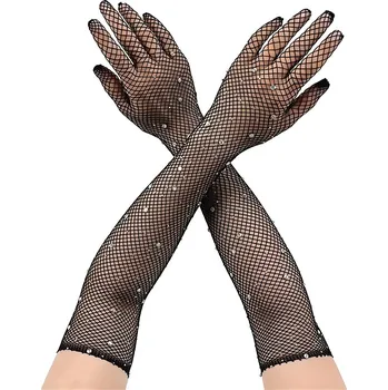 Rukavice Dlouhé síťované rukavice s kamínky - černé