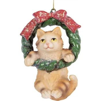 Vánoční ozdoba Béžová vánoční ozdoba kočička s věncem III – 6x5x9 cm