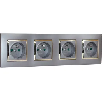 Elektrická zásuvka Zásuvky v rámečku pod omítku, 4x 250V/16A, šedé barvy se zlatým lesklým ozdobným rámem