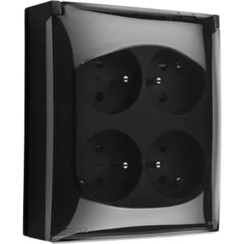 Elektrická zásuvka Zásuvka silová 4 násobná (přístroj s krytem), IP44, s uzemněním, průhledné víčko, 16 A / 250 V~, šroubové svorky, Aquaclick, barva černá matná