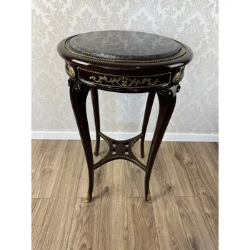 Konferenční stolek Starožitný luxusní kulatý odkládací stolek s mramorovou deskou 48x75x48 cm mramor šedá