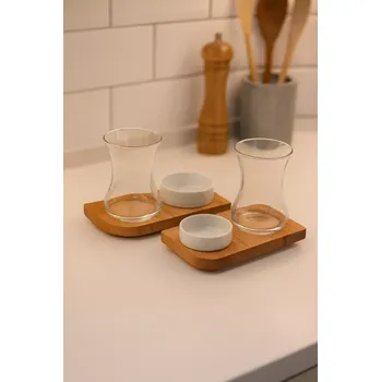 Servírovací dřevěné tácy s miskami a skleničkami, sada 2 ks