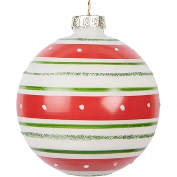 Vánoční ozdoba Červeno-bílá skleněná vánoční ozdoba ručně malovaná horizontálně pruhovaná – 8x8 cm