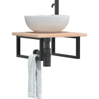 Koupelnový nábytek vidaXL Deska pod umyvadlo nástěnná ocel a masivní dubové dřevo [3302381] Barva: Hnědo-černá