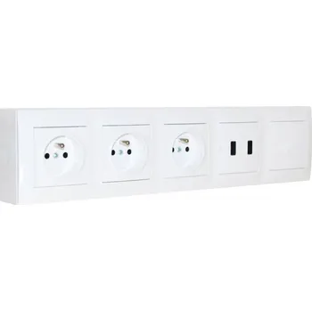 Elektrická zásuvka Zásuvkový blok nástěnný 3x 250V/16A, 2x USB nabíječka, 1x vypínač ř.1, bez kabelu, barva bílá lesklá