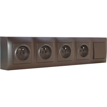 Elektrická zásuvka Zásuvkový blok nástěnný 4x 250V/16A s clonkami + 1x vypínač ř.1, bez kabelu, hnědá matná barva