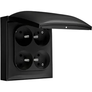 Elektrická zásuvka Zásuvka silová 4 násobná (přístroj s krytem), IP44, s uzemněním, se clonkami, víčko v barvě krytu, 16 A / 250 V~, šroubové svorky, Aquaclick, barva černá matná