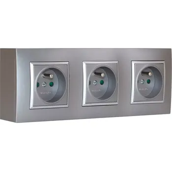 Elektrická zásuvka Nástěnný zásuvkový blok, 3x 250V/16A, šedé metalizované barvy se stříbrným matným ozdobným rámem, bez kabelu