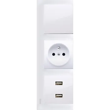 Elektrická zásuvka Zásuvkový blok nástěnný 1x 250V/16A s vypínačem a 2x USB nabíječkou pro svislou instalaci v bílé barvě