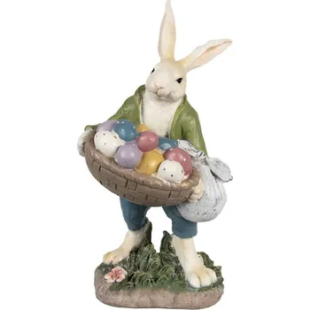 Velikonoční figurka králíčka v světle zeleném kabátku s velkým plným košíkem barevných vajíček – 32 cm