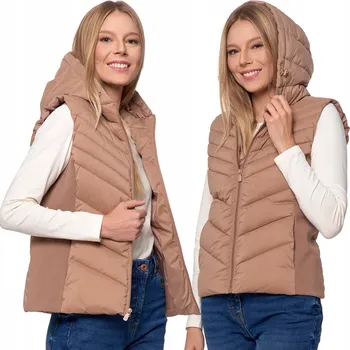 Dámská vesta DÁMSKÁ PROŠÍVANÁ VESTA MORAJ S KAPUCÍ NA ZIP KAPSY BÉŽOVÁ S