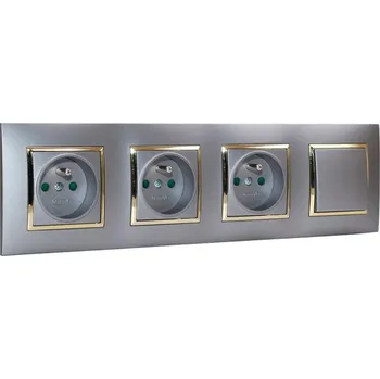 Elektrická zásuvka Zásuvky 3x 250V/16A + 1x vypínač č.1 v rámečku pod omítku, šedé barvy se zlatým lesklým ozdobným rámem