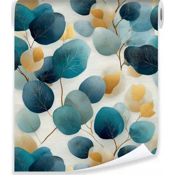 Fototapeta TAPETA LISTY MODRÉ ZLATÉ GLAMOUR VLIESOVÁ NA ZEĎ OBÝVACÍ POKOJ LOŽNICE