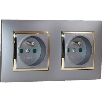 Elektrická zásuvka Zásuvky v rámečku pod omítku, 2x 250V/16A, šedé barvy se zlatým lesklým ozdobným rámem
