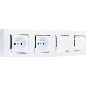 Elektrická zásuvka Nástěnný zásuvkový blok s vypínači, 2x 250V/16A + 2x vypínač č.1, bílé barvy se zlatým lesklým ozdobným rámem, bez kabelu