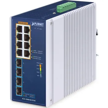 Síťový prvek PLANET Technology Planet IGS-1000-8UP4X průmyslový L2 switch, 8x1Gb, 4x10Gb SFP+,8x PoE 802.3bt 240W, -40~75°C, dual 48-54VDC,IP30,fanless