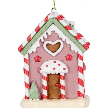 Vánoční ozdoba Růžová vánoční ozdoba perníkový domeček s pohádkovým červeno-bílým zdobením – 6x4x8 cm