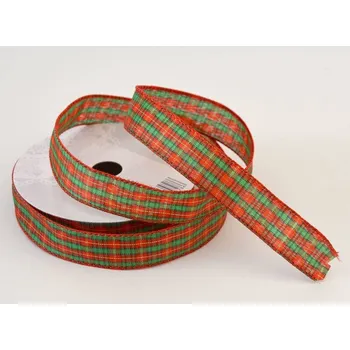 Stuha Stuha s drátky 2,5 cm - ČERVENO-ZELENÉ KOSTKY