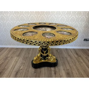 Konferenční stolek Starožitný výrazně zdobený kulatý stolek s porcelánovými miniaturami