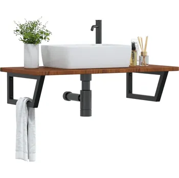 Koupelnový nábytek Deska pod umyvadlo nástěnná ocel a masivní dubové dřevo Hnědá3302407