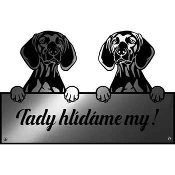 Plechová cedule Psí cedulka se 2 pejsky "Tady hlídáme my!"