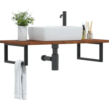 Koupelnový nábytek Deska pod umyvadlo nástěnná ocel a masivní dubové dřevo Hnědá3302405