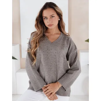 Dámské oblečení Šedý dámský viskózový svetr VERALIA s kamínky a výstřihem do V MY2519 Velikost: S/M