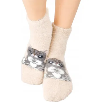 Pánské ponožky PONOŽKY PONOŽKY DÍVČÍ TEPLÉ SILNÉ CHLUPATÉ béžové kočka 27/30 V008ó