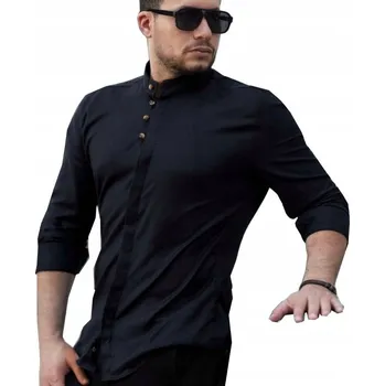 Pánská košile Pánská košile černá L slim bavlněná stojáček dlouhý rukáv