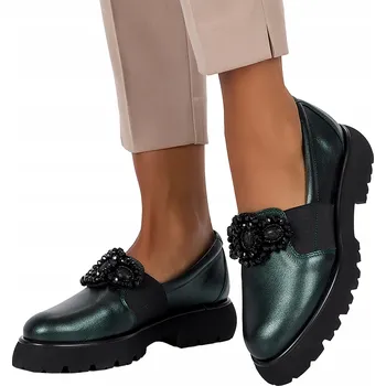 Dámské mokasíny Dámské KOŽENÉ mokasíny Zeleň Platforma s protiskluzovou podrážkou, POLSKÝ VÝROBEK, velikost 38