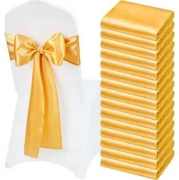 Svatební dekorace VEVOR Saténové mašle na židle, 50 ks stuh na židle, mašle na zadní stranu, 7 x 108 palců, zlatá svatební dekorace na hostinu, pro svatební obřad, oslavu narození miminka, večírek, banket, dekorace na židli