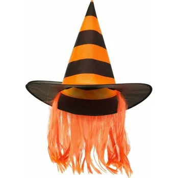 Karnevalový kostým Čarodějnický klobouk černo-oranžový s vlasy