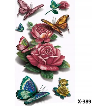 Odstranitelné tetování Dočasné tetování TATTOO 3D 10,5×6 KVĚTINA RŮŽE MOTÝLI BARVY
