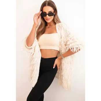 Dámský svetr Dámský cardigan s třásněmi a volným střihem béžový UNI