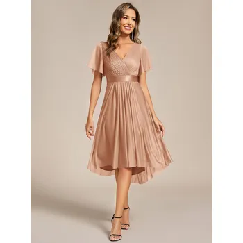 Dámské šaty Elegantní svatební šaty s volánkovým rukávem a asymetrickým lemem Barva: Růžovo-Zlatá, Velikost: 8XL