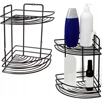 Drátěná police ČERNÁ ROHOVÁ POLICE DO KOUPELNY DVOUÚROVŇOVÁ DRÁTĚNÁ