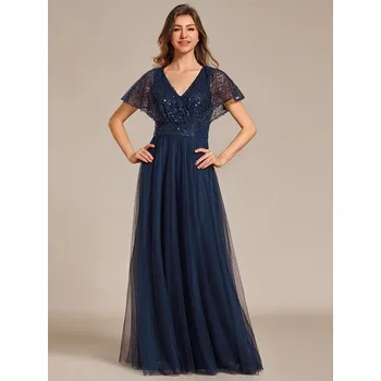 Dámské oblečení Elegantní tylové šaty s výstřihem do V a volánky Barva: Tmavě Modrá, Velikost: 3XL
