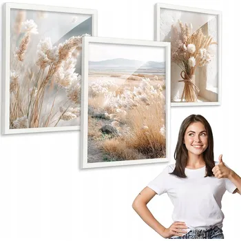 Obraz Sada 3 obrazů BOHO PAMPASOVÁ TRÁVA s bílým rámem 30x40 triptych do kuchyně