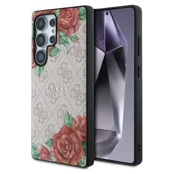 Pouzdro na mobilní telefon Guess PU Leather 4G Flowers Print Metal Classic Logo MagSafe Zadní Kryt pro Samsung Galaxy S25 Ultra Pink
