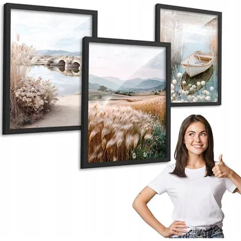 Obraz Sada 3 obrazů BOHO NATURA LOĎKA černý rámeček 30x40 triptych do kuchyně