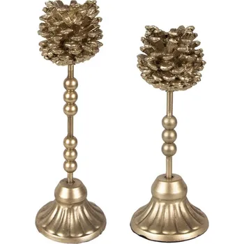 Svícen Set 2 zlatých svícnů na čajovou svíčku s dekorem šišky – 22/27 cm
