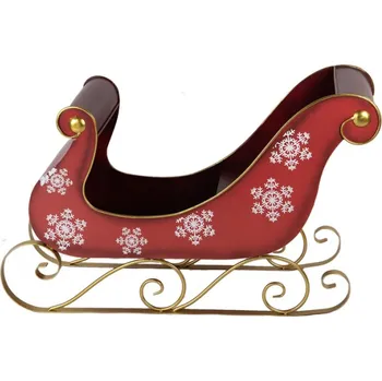 Velká kovová vánoční dekorace červené sáně s potiskem vloček s místem na sezení / lavičkou – 210x140x150 cm + doprava zdarma