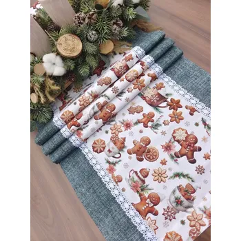 ubrus Běhoun - vánoční ubrus perníčky na bílé v kombinaci se zelenou | 42 x 140 (Rozměr: 42 x 140)