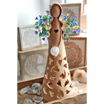 Svícen Anděl s Křišťálem - Rovnováha, harmonie a klid 30cm Velikost, vzor sukně a glazura andílka: 30cm - hvězdičky, přírodní bez glazury KřídlAndělů