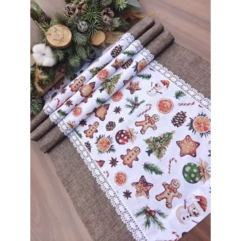 ubrus Běhoun vánoční - vánoční perníčky a stromečky v kombinaci s hnědou