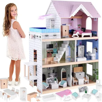 Domeček pro panenku JOKO Dřevěný domeček pro panenky s růžovou střechou