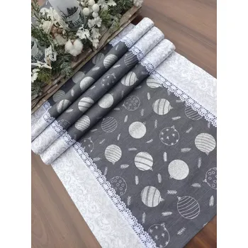 ubrus Běhoun - vánoční ubrus stříbrné ozdoby na šedé v kombinaci se stříbrnými ornamenty | 42 x 136