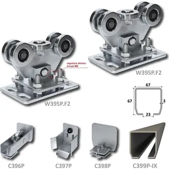 Pohon brány sada pro nesenou bránu PiccoIo nerez / pozink II - kování pro posuvnou bránu, obsahuje NEREZOVÝ profil 67 x 67 x 3 mm, 6 m, 2 x ocelový vozík výškově stavitelný, kapsa, kolo