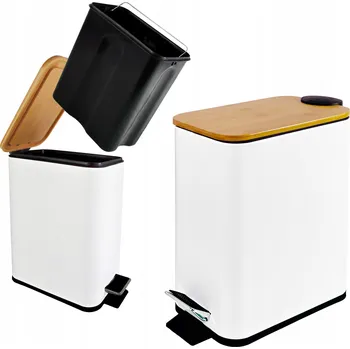 Odpadkový koš KOŠ 6L bílý BAMBUSOVÉ VÍKO KOUPELNA nášlapný pedál POMALÉ SKLÁPĚNÍ
