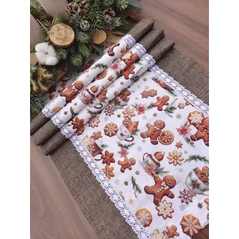 ubrus Běhoun - vánoční ubrus perníčky na bílé v kombinaci s hnědou | 42 x 140 (Rozměr: 42 x 140)